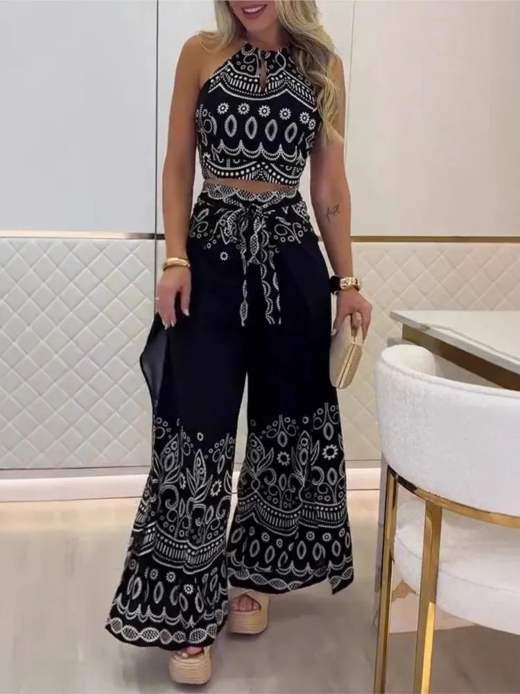 Summer New Fashion Printed Casual Loose Suit Literary Retro Sleeveless Halter Top Wide-leg Pants Commuting Two-piece Sets