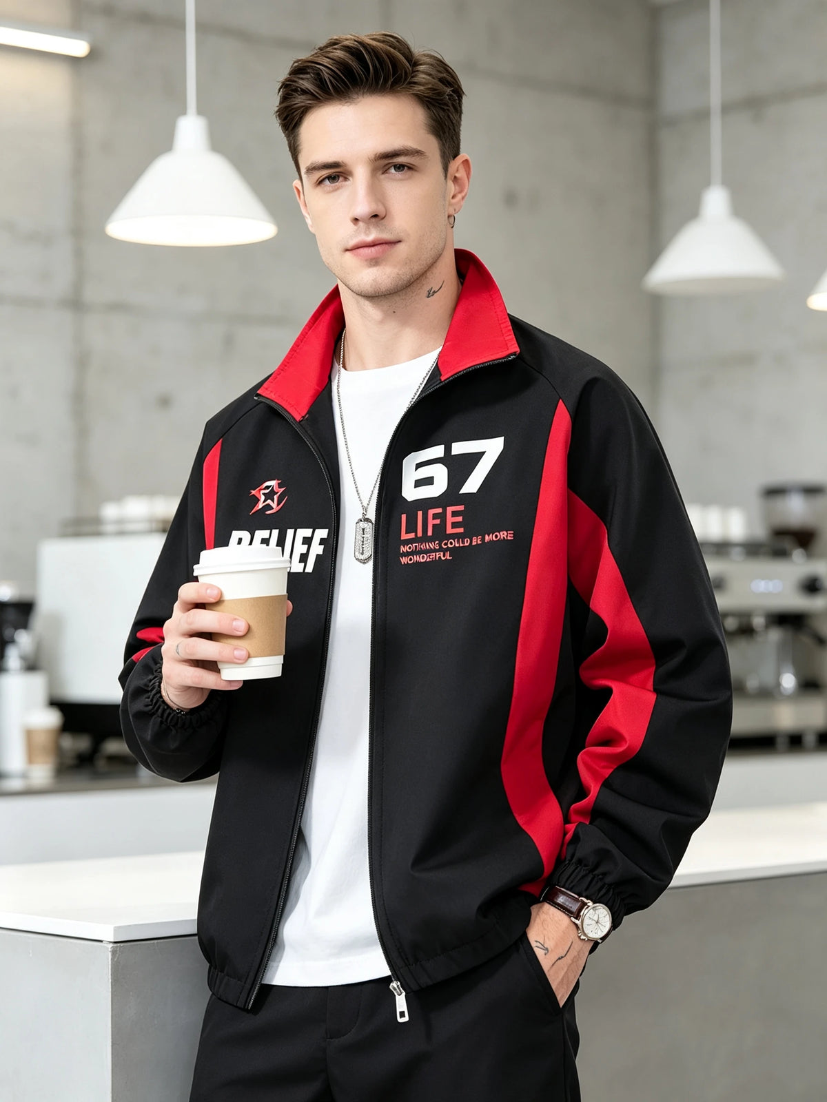 Men's Black Red Color Block Stand Collar Jacket Letter Print Zip Up Casual Streetwear Outerwear