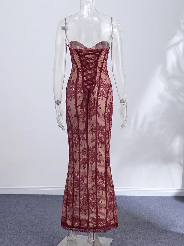Chic Bold Strapless Gown Sexy Retro Lace Corset Women's Dresses Spicy Girls Parties Trendy Romantic Designers Female Outfits