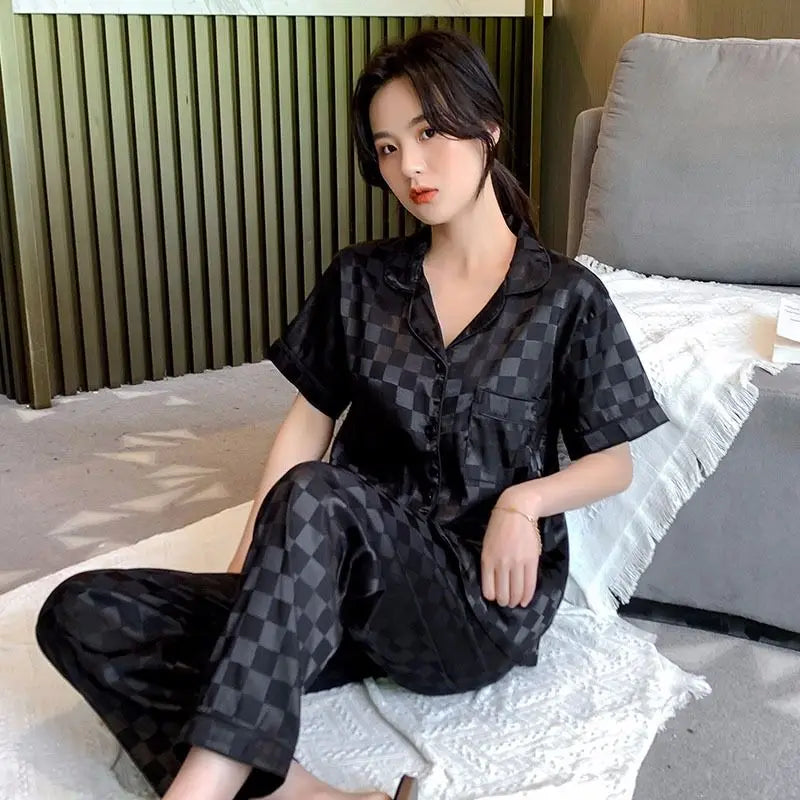 Summer Women Pajama Set Lapel Collar Checkered Jacquard Soft 2Pcs Short Sleeve Long Pants Home Sleepwear Loungewear For Ladies