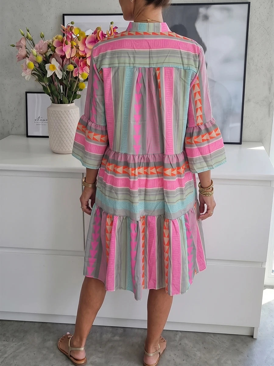 2026 Summer Women Boho Geometric Tiered Midi Dress  Flare Sleeve Contrast Patchwork Loose  Beach Vacation Women's Casual Dresses