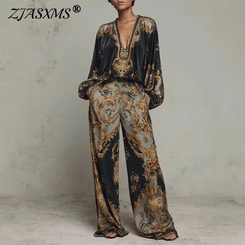 Retro Pattern Printed 2 Pieces Set for Woman Sexy Deep V Neck Top Blouses Elegant Outfit 2026 Spring Fall Wide Leg Trousers Suit