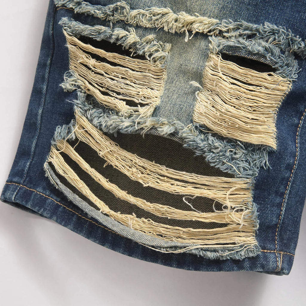 Men's Casual Spring/Summer Denim Shorts - Distressed Denim Shorts with Frayed Edges and Patchwork Details, Fashionable Street-St