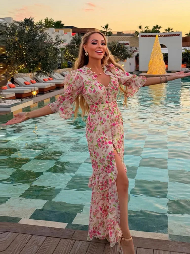 Sexy Print Women Long Dress Urban V-neck Single Breasted Ruffles Half Sleeve Female Dresses 2026 Spring Autumn Lady Robe