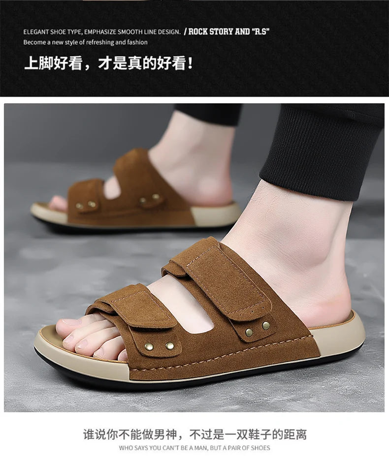 2026 Mens Sandals Slip On Leather Casual Couple Shoes For Men Soft Comfortable Mens Summer Shoes Handmade Men Outdoor Slippers