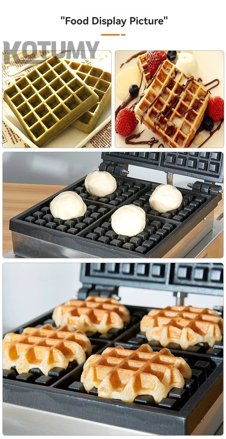Industrial Stainless Steel Non-Stick Belgian Waffle Maker Four Grid Electric Baking Tray Heating Both Grain Processing Machinery