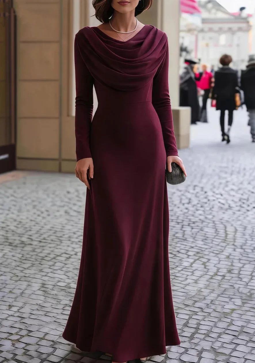 Elegant Ruched Maxi Dress Women Swing Collar Full Sleeve Skinny Stretch Robe Autumn Trend Classic Pleats Long Bodycon Vestidos