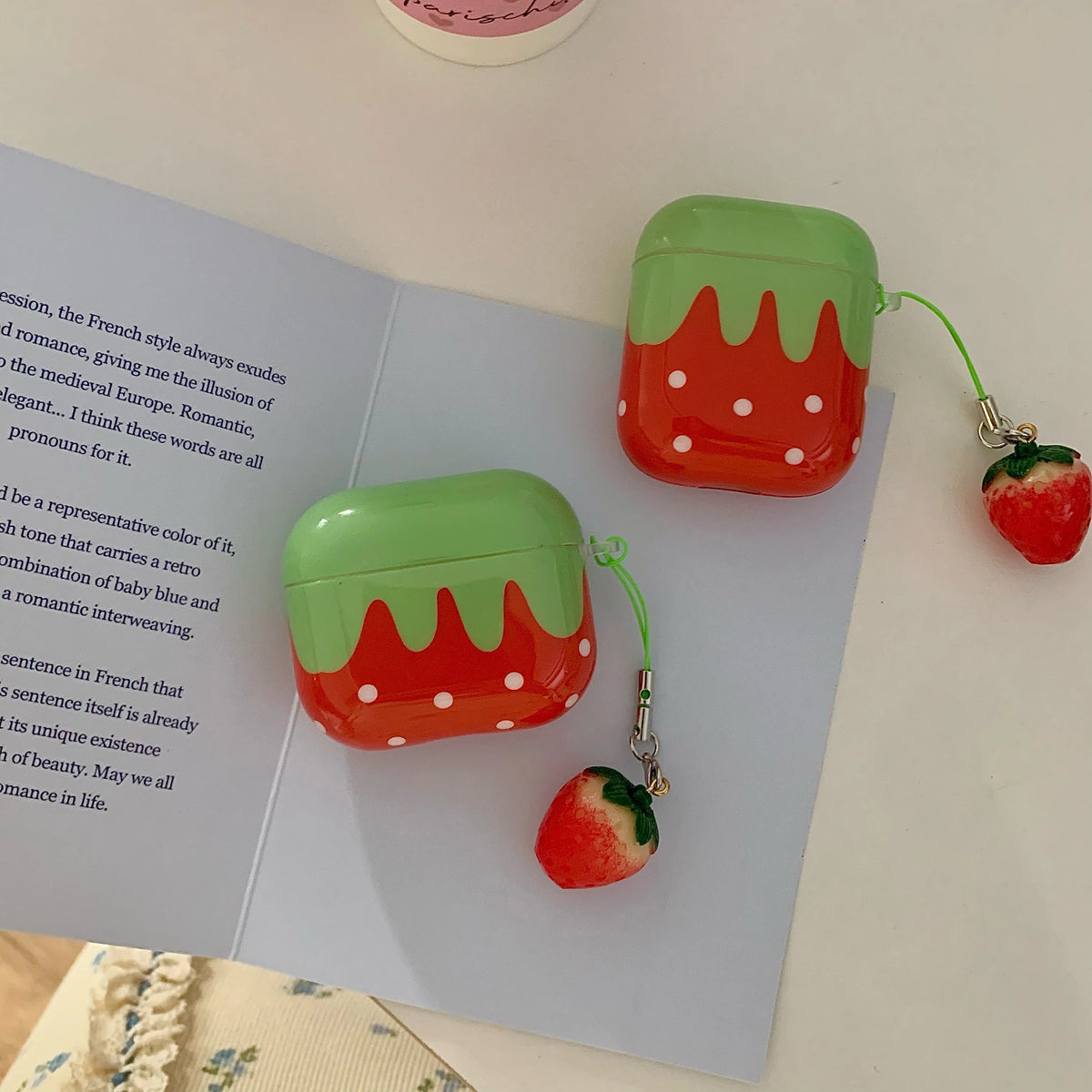 Cute Lovely White Polka Point Red Strawberry Glossy Earphones Cover Case for AirPods 1 2 3 4 5 Pro 2 Pro 3 with Charm Pendant