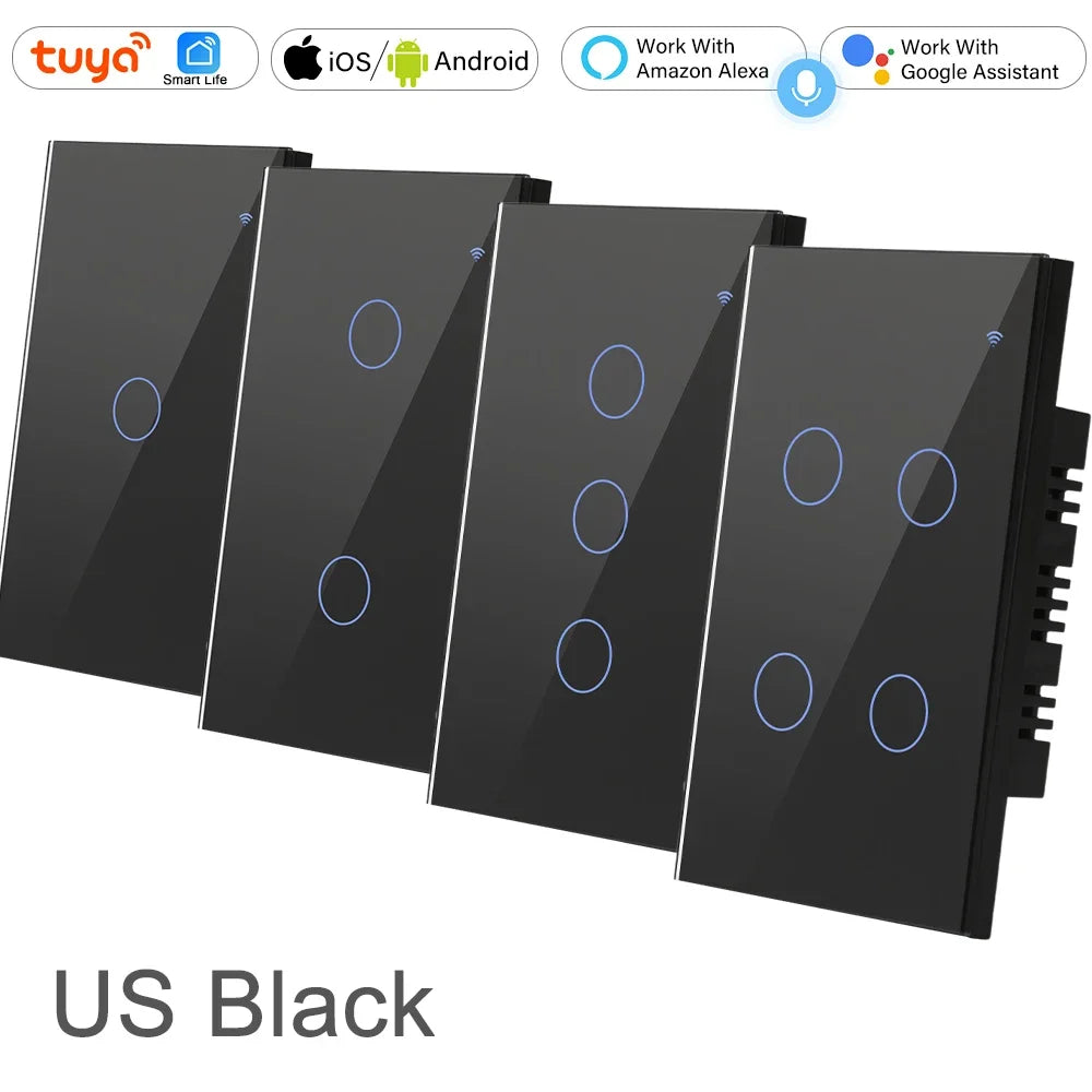 2 3 4 Gang 2 3 Way US Tuya Smart Wall Touch Light Switch for LED with No Neutral WiFi Glass Australia Brazil Android RoHS Alexa