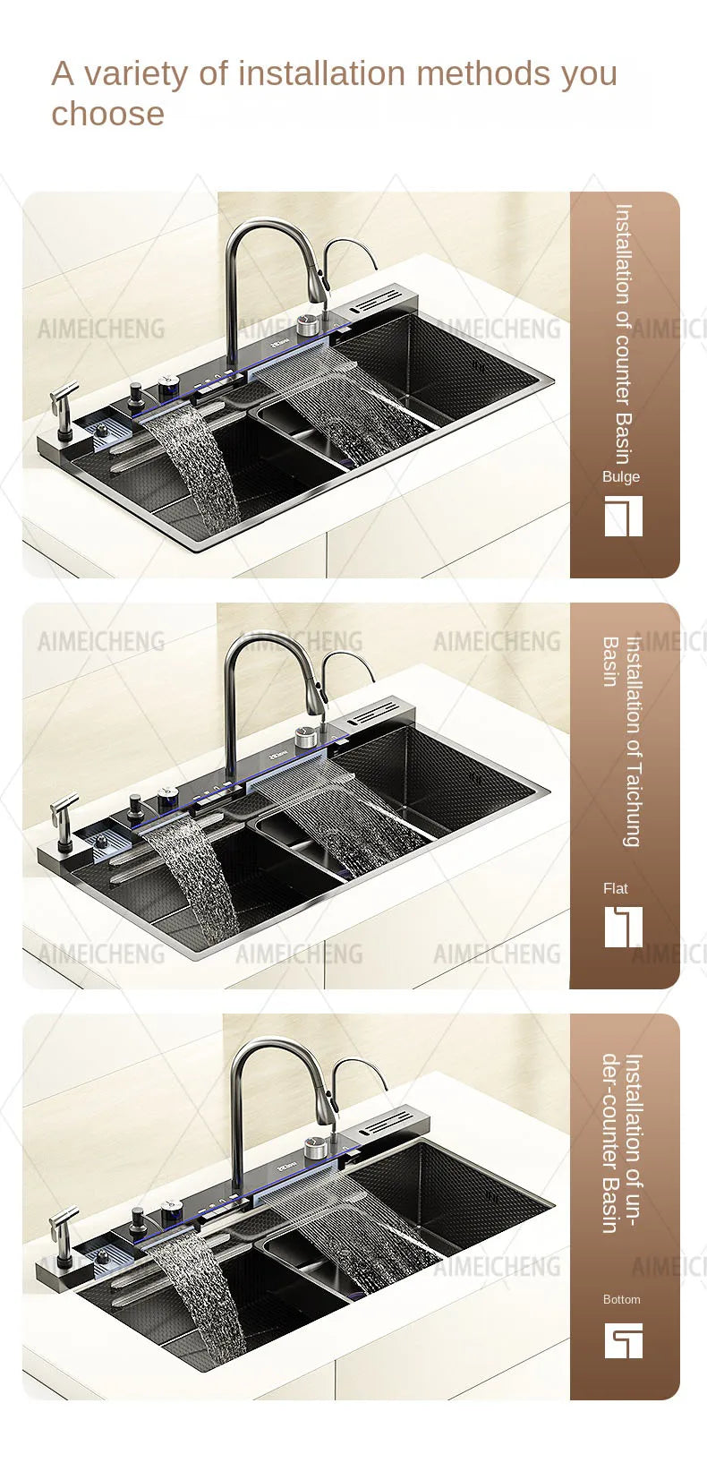 Hot Selling Stainless Steel Waterfall Kitchen Sink With Knife Holder Digital Display Faucet Set Embossed Extra Large Single Slot