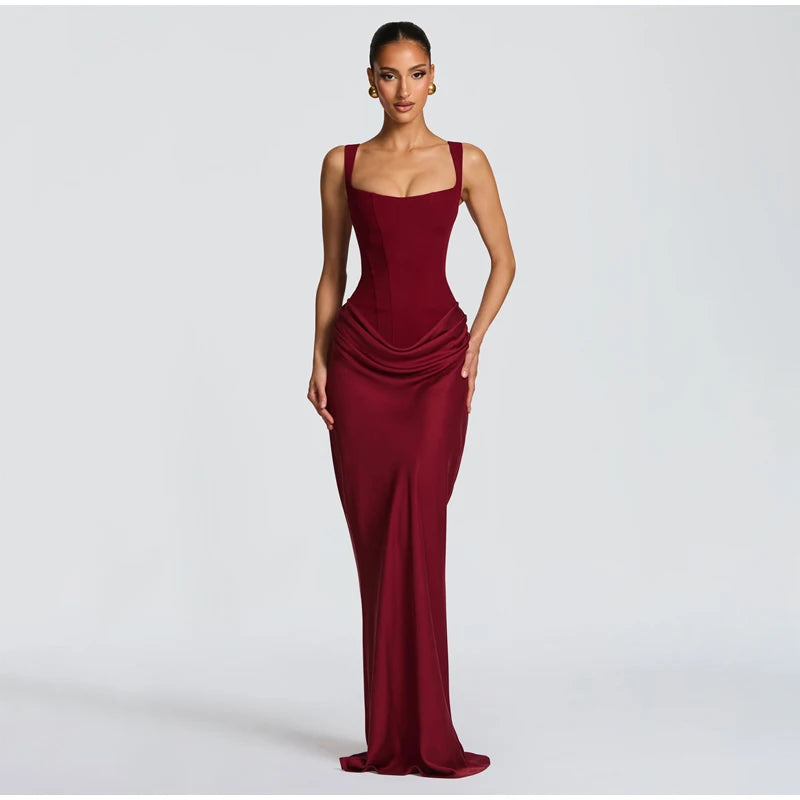Ruched Waist Satin Long Dress Solid Bodycon Sleeveless Cowl Neck Fishtail Women Dresses 2026 Summer Lady Formal Evening Gowns