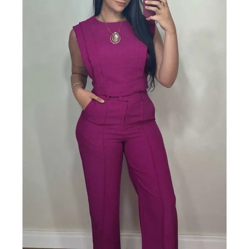 Fashion Solid 2 Piece Set For Women Casual Sleeveless O Neck Short Tops+High Waist Wide Leg Pants Sets High Street Clothes New