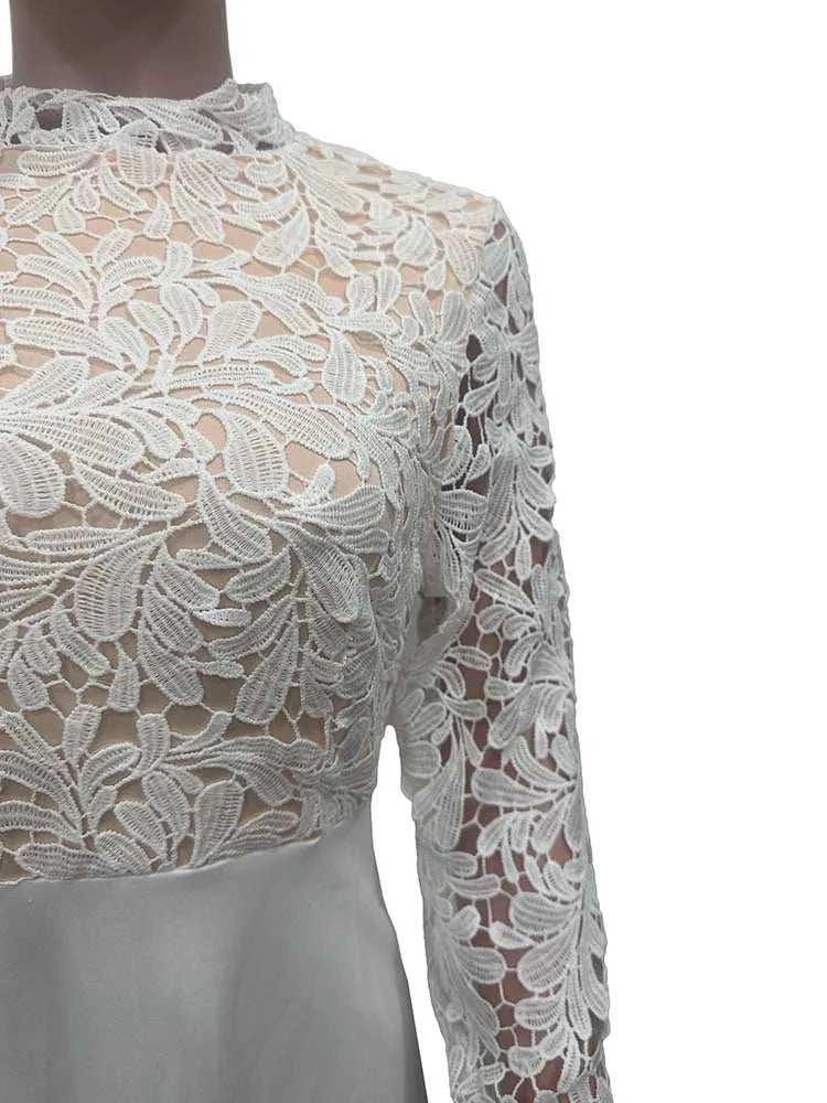 Elegant Party Dresses Woman Fall Fashion Lace Long Sleeve See Through Dress Vintage Laides Evening Dress Wholesale Dropshipping
