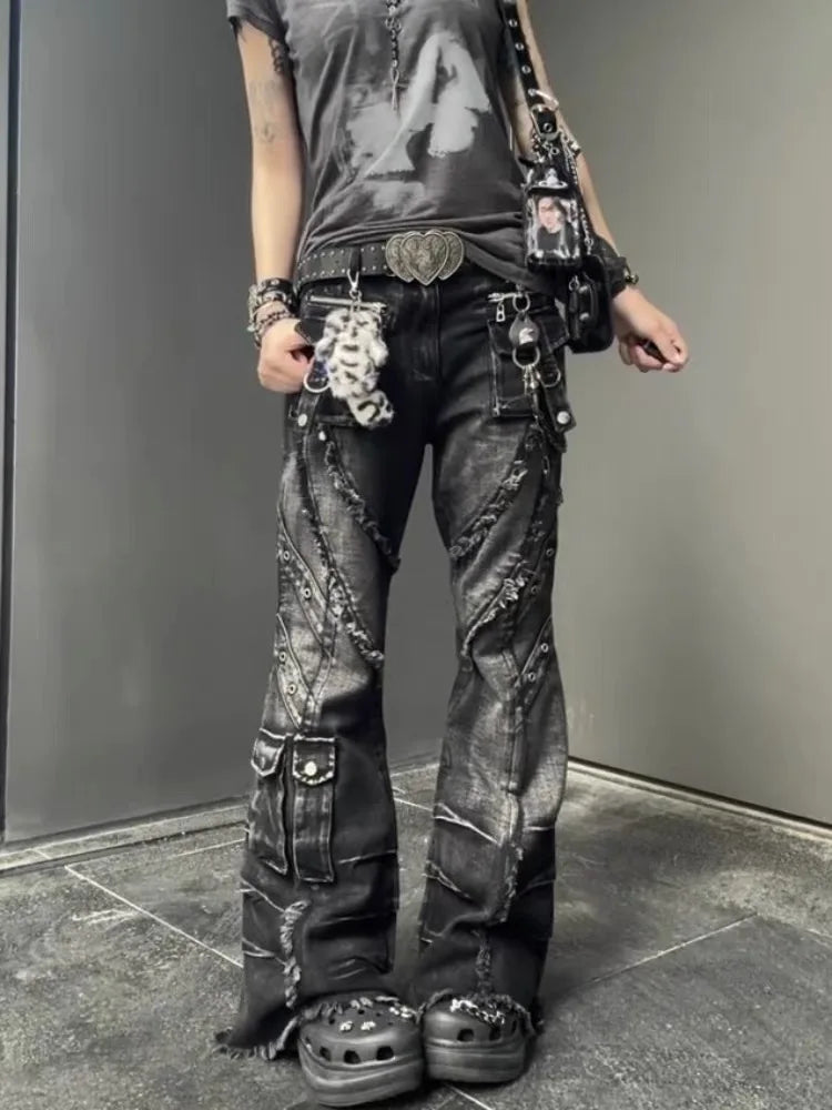 Women's Denim Pants Dark Academia Cargo Jean Flared Bell Bottom Designer Kpop Japanese 2026 Autumn Winter Y2k 2000s Goblin Core