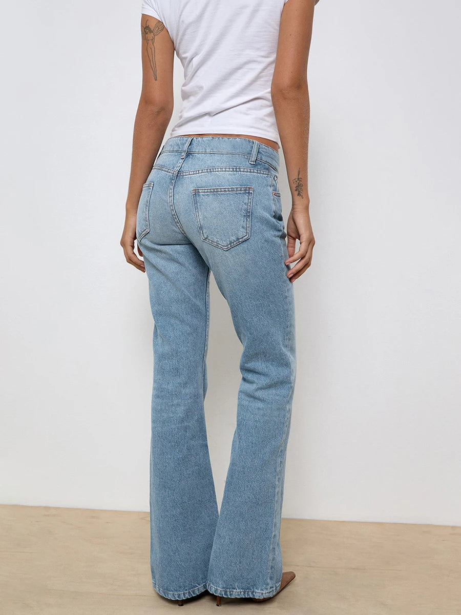 Fashion Womens Jeans Bottom Low Waist Zipper Button Solid Trousers with Pockets for Daily Casual Streetwear