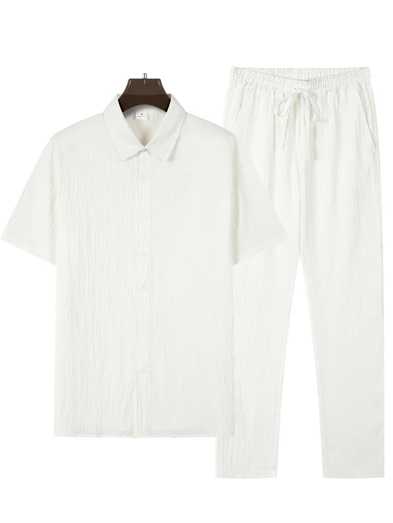 spring Summer Men Sets short-sleeve cardigan lapel shirt+trousers suit men's fashion 2 pieces tracksuit striped leisure suit