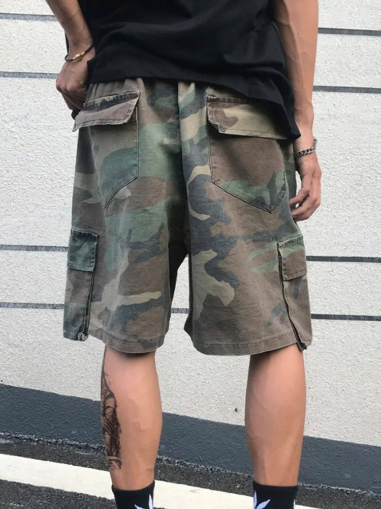 Summer Retro Camouflage Tactical Cargo Shorts Mens Drawstring Multi-Pockets Oversized Casual Work Denim Shorts Man Streetwear