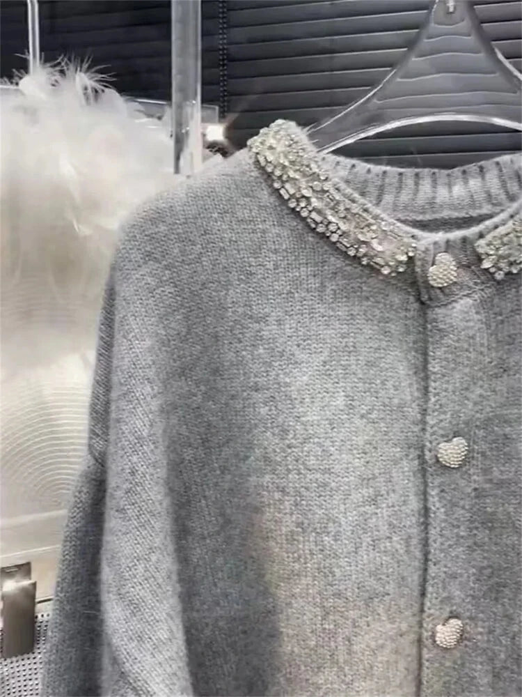 2025 Women Clothing Oversized Cardigan Jackets Diamond O-neck Vintage Casual Knitted Sweater Tops Pull Femme Cardigans Sweater
