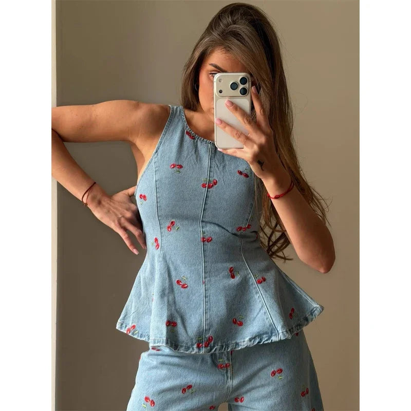 Denim Printed Pants 2 Piece Set Women Elegant Round Neck Sleeveless Vests Slim Long Pant Suits 2026 Lady Daily Street Outfit New