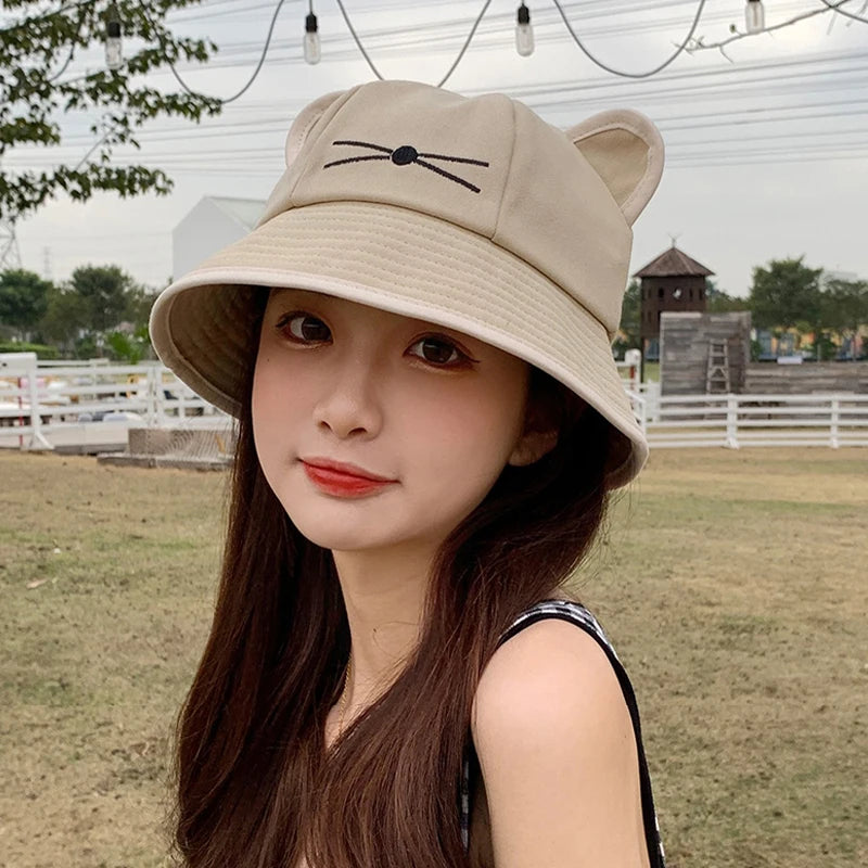 Korean Cartoon Cat Ears Women Bucket Hat Spring Summer Kawaii Beach Tour Sun Visor Hats Wide Brim Y2K Cotton Panama Cap