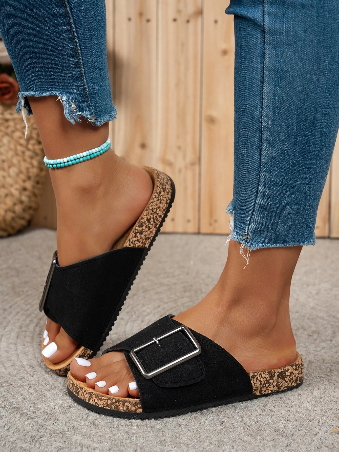 Women's Summer Spring and Autumn Casual Simple Large Buckle Suede Upper Soft Wood Grain Comfortable Flat Heel Slip-On Beach Slippers