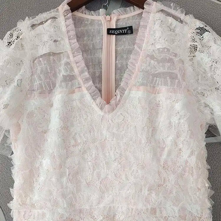 Eshin Elegant Midi Dress Short Sleeve Summer Spring New Fashion Design Women Runway Mesh Ruffles V-Neck Party High Street TH6731