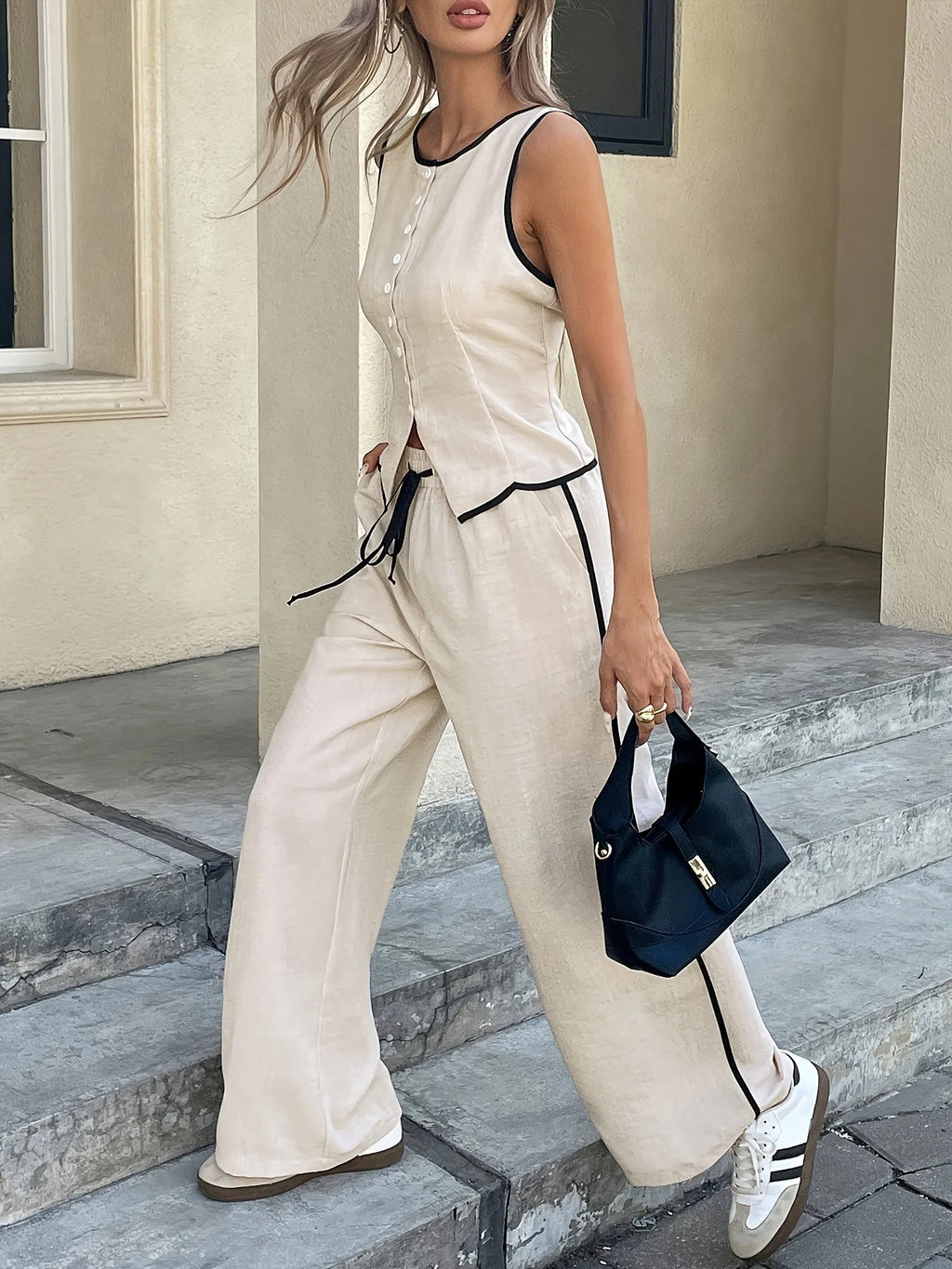 Women Color Block Two Piece Set Sleeveless Single Breasted Vest Drawstring Long Pants European Daily European Casual Daily