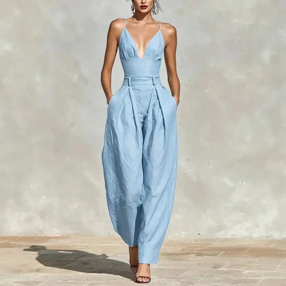 Elegant Sexy V-Neck Spaghetti Strap Jumpsuit Women High Waist Wide Leg Casual Romper Spring Boho Solid Backless Pockets Overalls