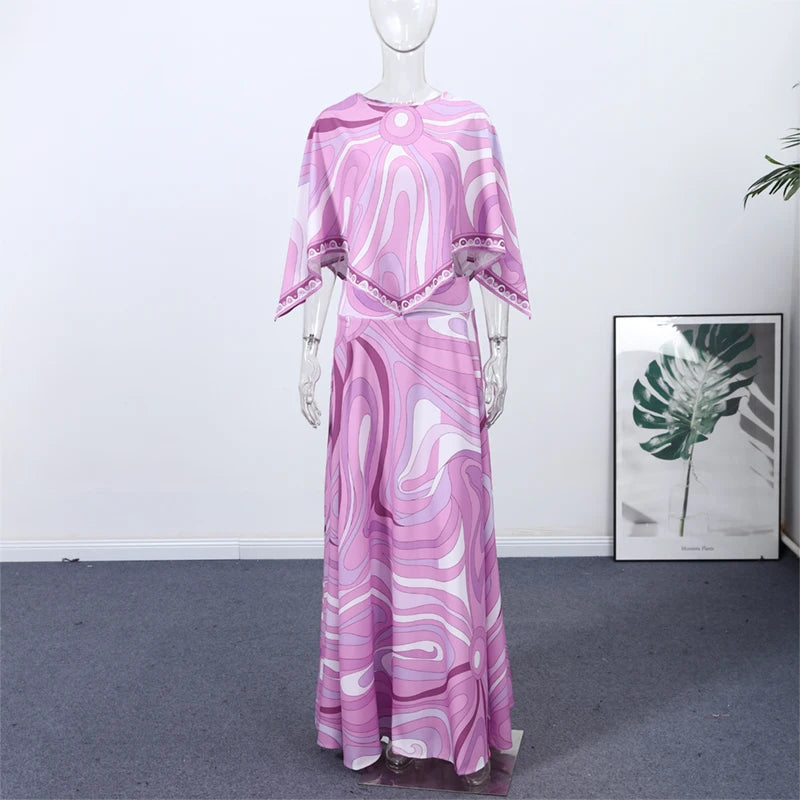 Bohemian Printed Shirt Skirt Suits Women Vintage Irregular Long Sleeve Top Female Sets High Waisted Long Skirt Ladies Outfits