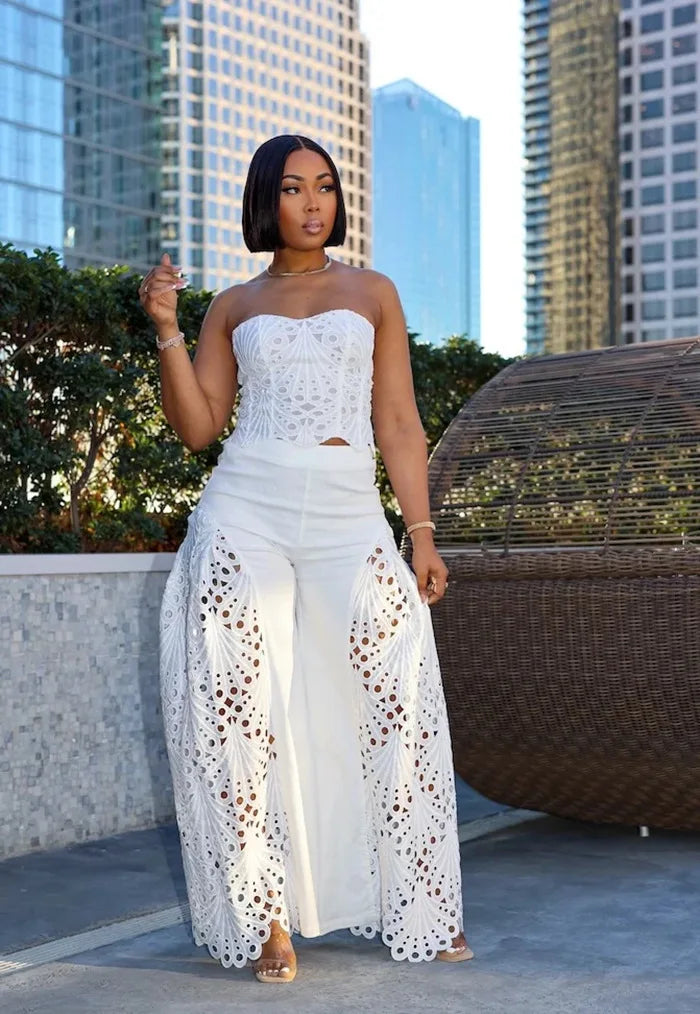 Women's Solid Color Pants Sets Hollow Out Lace Tube Top Cropped Top High Waist Trousers Two Piece Set Sexy Hot Girl Streetwear