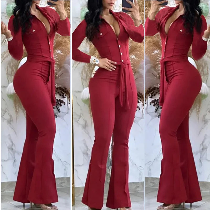 New Spring Women's Long Sleeve Jumpsuits Fashion Casual Button Turn-Down Collar Skinny Bootcut Jumpsuit with Belt Y2K Streetwear
