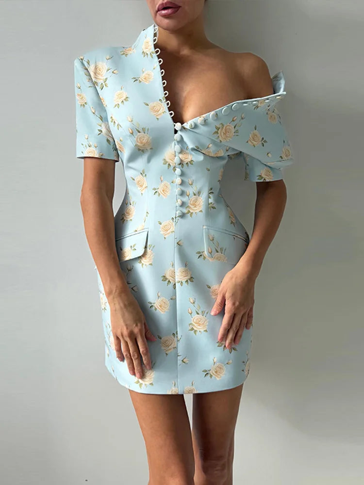 Sexy Print Women's Dress Multi Button Shoulder Pad Waist Cinching Package Hip Short Sleeved Dresses Fashion Summer Daily Wear