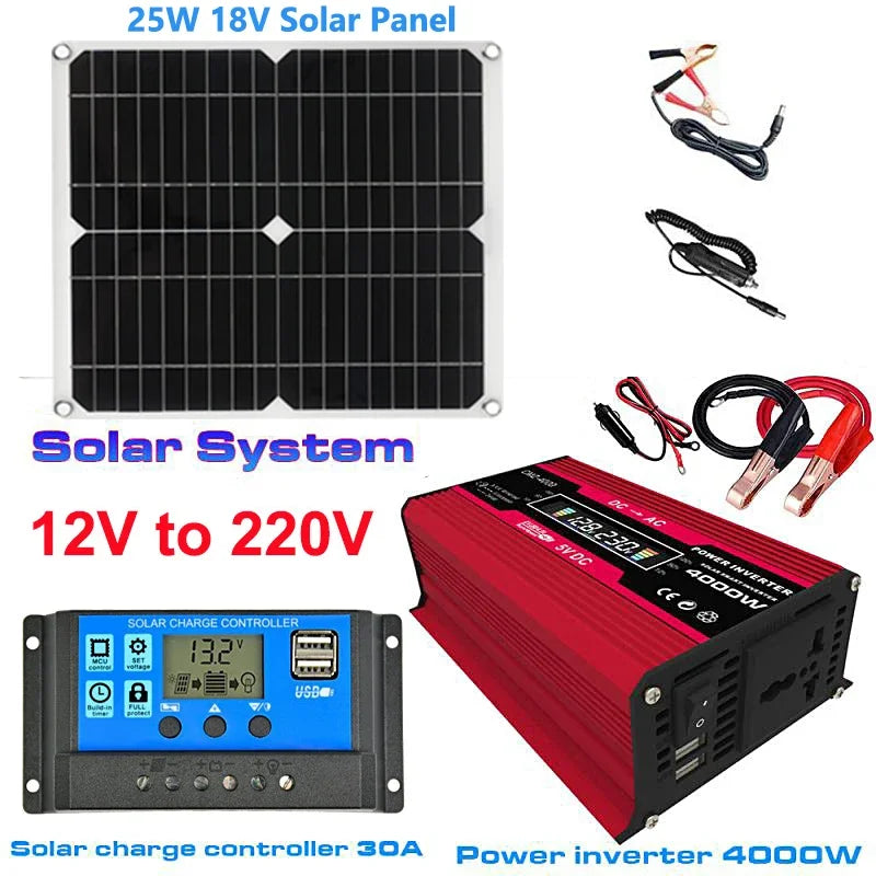 12V to 110V/220V Solar Power System 25W Solar Panel 30A Charge Controller 4000W Modified Sine Wave Inverter Power Generation Kit