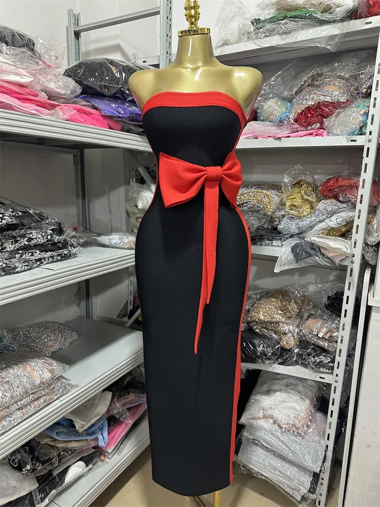 Women Sexy Strapless Off the Shoulder Bow Bodycon Bandage Long Dress Celebrate Fashion Nightclub Party Birthday Outfit