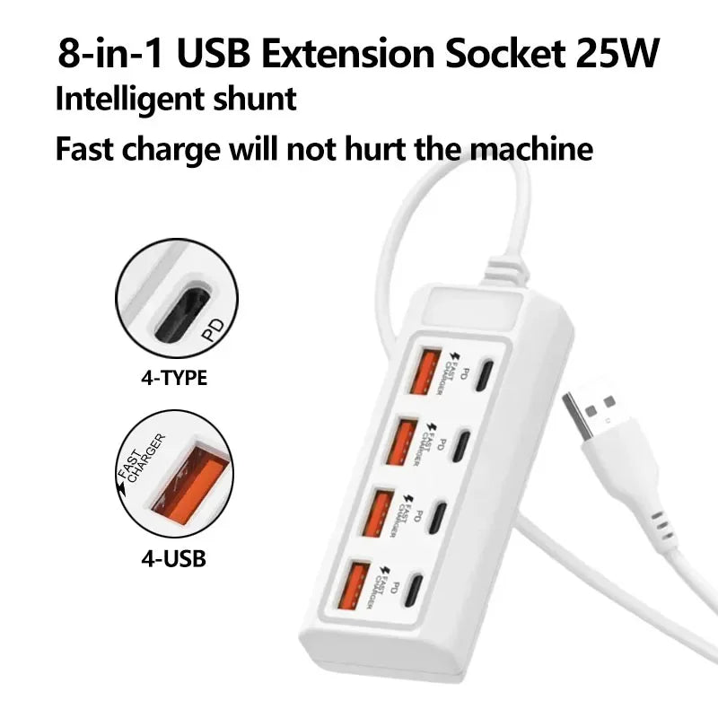 8 in 1 USB Electrical Socket 25W Fast Charging Power Outlet Adapter Docking Stations USB Splitter Converter USB Extension Socket