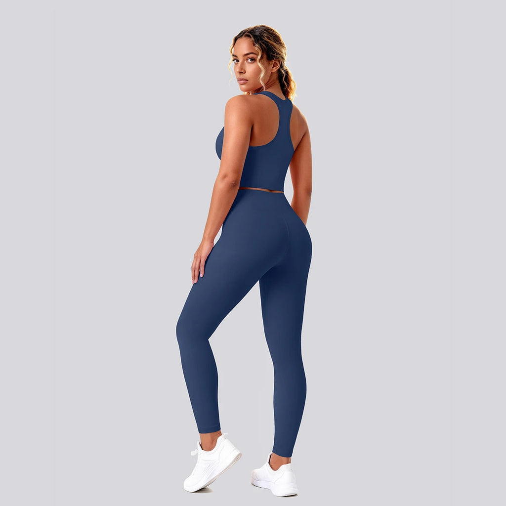 2PCS Solid Color Yoga Set for Woman's Gather Beautiful Back I-shaped Vest Shock-absorbing Running Yoga Tank Top Push Up Pants