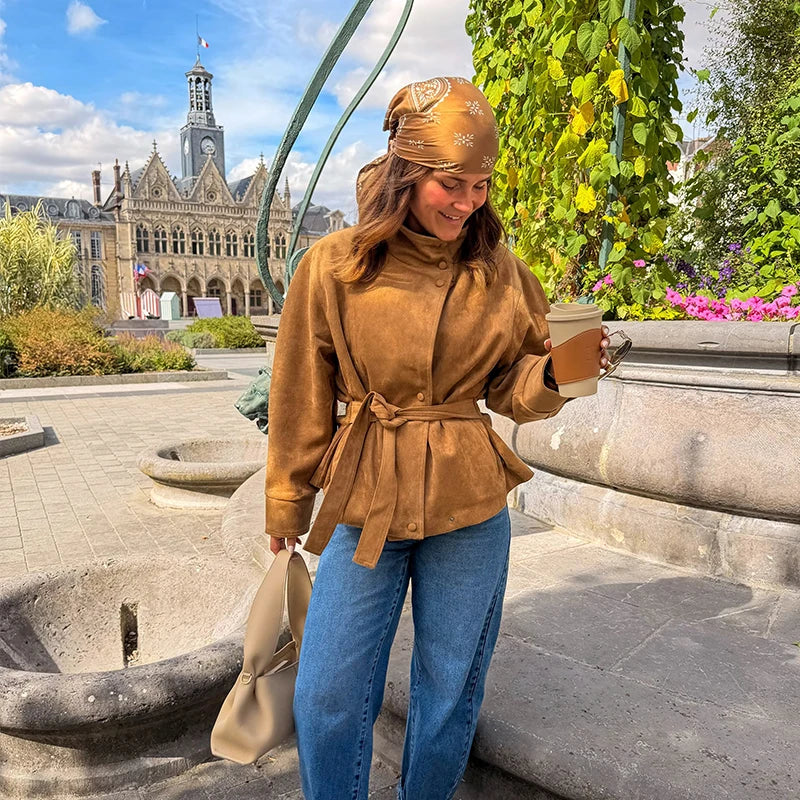 Faux Suede Women Winter Jacket Belted Waist Autumn Coat Stand Collar Short Jacket Cargo Jacket Daily Commute Wear Street Style