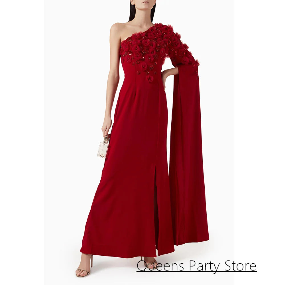 Arabic Evening Dresses for Woman Party Gown Customized One Shoulder Sleeveless Crystal Flowers Split Dubai Prom Gown