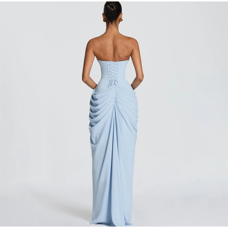 Women Sexy Solid Pleated Strapless Dress Lady Chic Off-shoulder Backless High Waist Split Dresses 2026 Summer Evening Party Gown