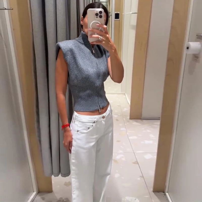 Women's Knitwear Half Turtleneck Double Zipper Knitted Vest Autumn Female Sleeveless Waist Cinching Solid Slim Cardigan New Tops