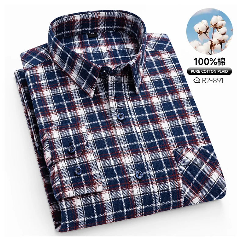 Classic Retro Plaid Flannel Shirt Long Sleeve 100% Cotton Fashion Casual Soft Spring Autumn Winter Standard Pocket Men's Shirt