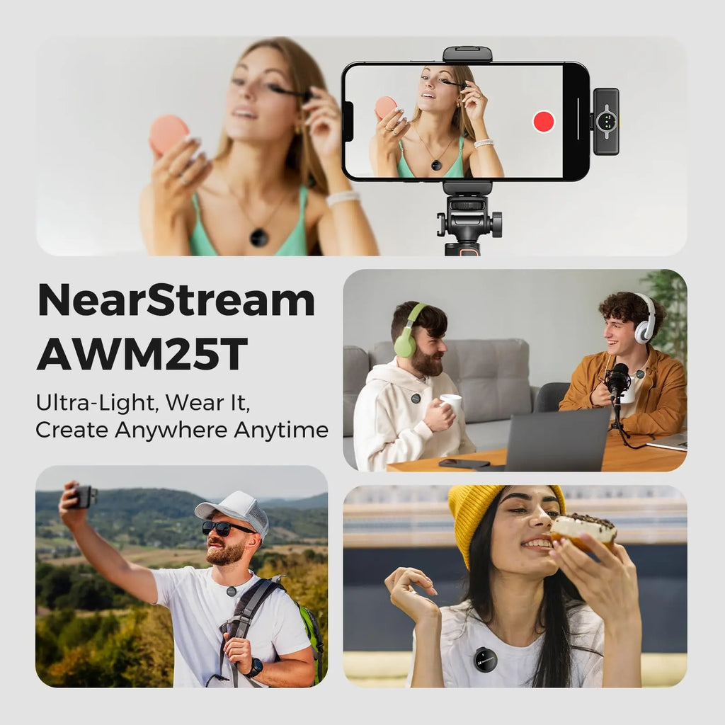 NearStream AWM25T Magnetic Wireless Lavalier Microphone, 1‑to‑2 Dual‑Mic, ENC Noise Cancelling, Low Latency 65Ft, 24H Battery Charging Case, Plug‑Play Lapel Mic for iPhone Android Laptop PC
