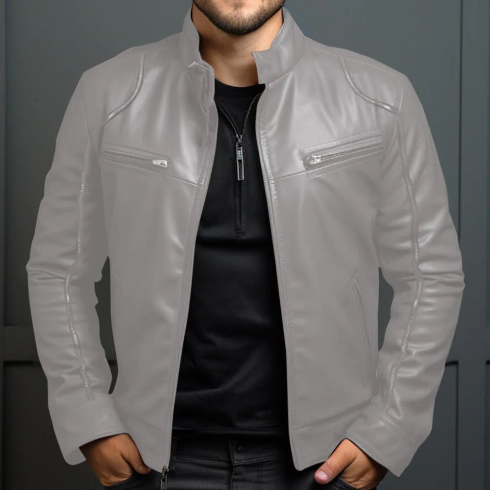 Asian Size Men's Motorcycle Leather Jacket Stand Collar Punk Biker Jacket Men's Casual Slim Fit PU Leather Coat Riding Jacket