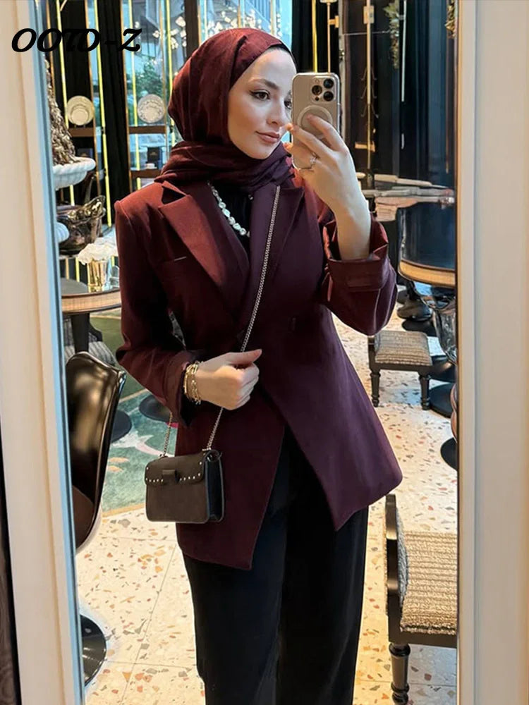 Fashion Wine Red Women Blazer Set Casual Long Sleeve Single Breasted Lapel Female Suit 2025 Spring Streetwear Lady Suits