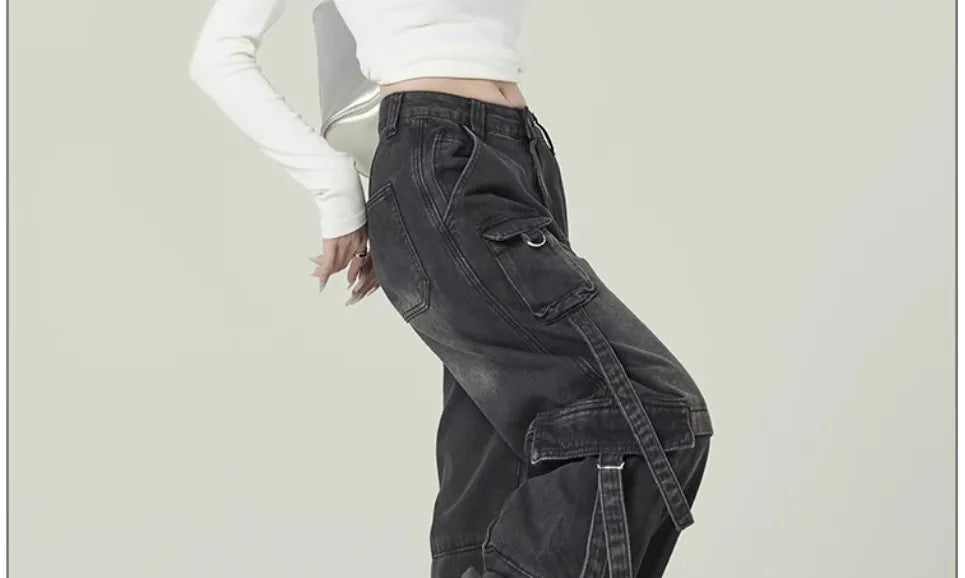Black Gray Multi Pocket Cargo Jeans Women's Y2K Gothic Baggy Harajuku Oversize Denim Trousers Washed Straight Leg Wide Leg Pants