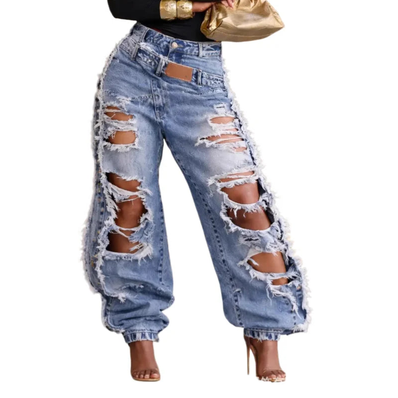 2026 New Summer Women's Washed Ripped Jeans Loose Straight Leg Drawstring Ankle Tied Casual Denim Pants For Daily