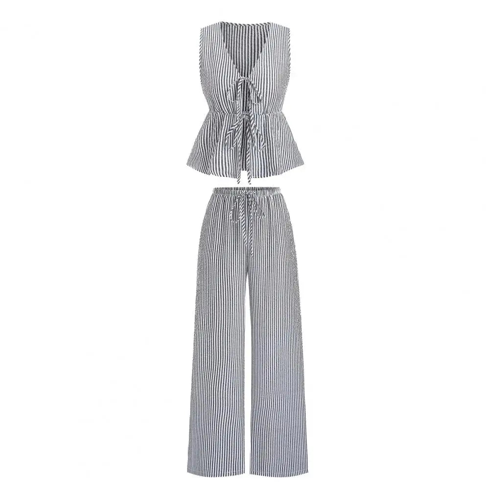 Women's Summer Striped Lace-up 2 Piece Outfits Tie Front Ruffle Lightweight Sleeveless Tank Top and Wide Leg Pants Lounge Sets