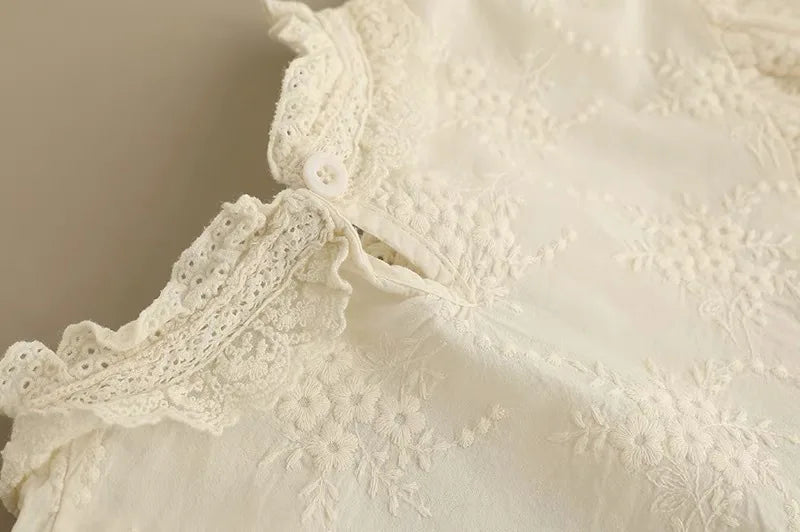Vintage Embroidery Hollow Out Cotton Linen Dress Women Spring Mori Girl Lace Ruffled Casual Long Sleeve Loose Pullover Vestidos
