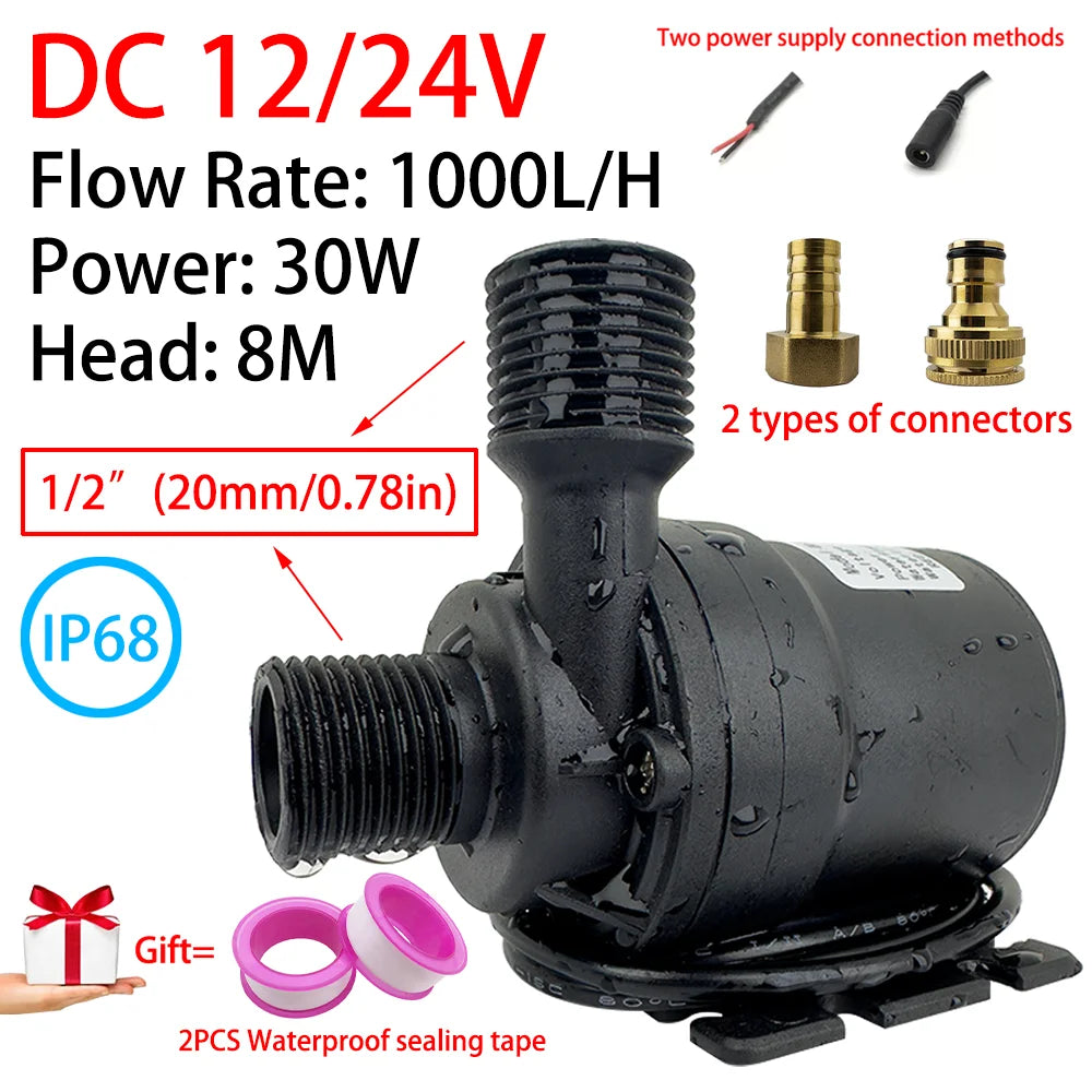 DC12V Brushless Motor Water Pump, DC24V 1000L/H, 8M Head 1/2" Submersible Pump, Fountain Water Heater, Shower Booster Pump, IP68