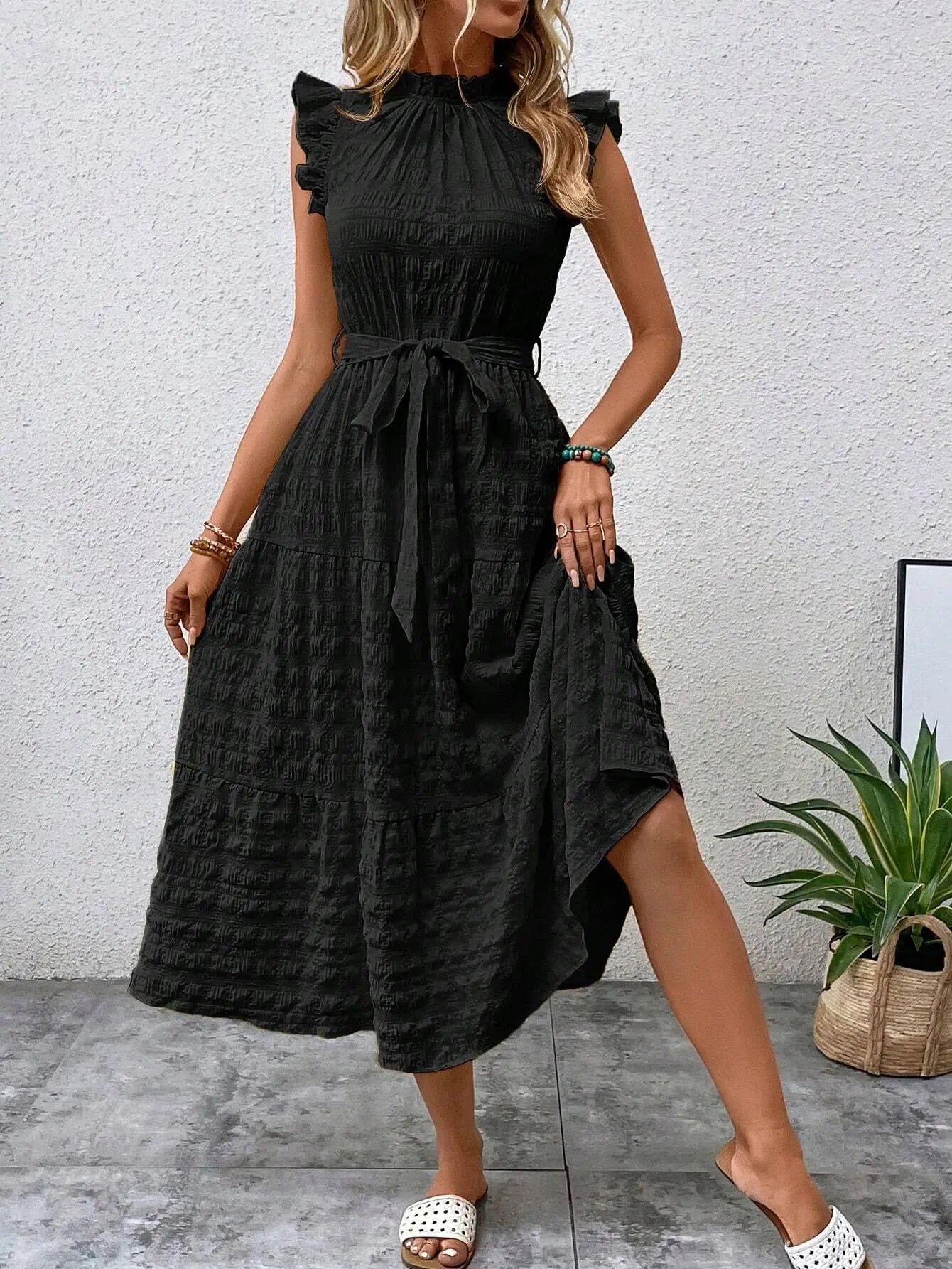 Elegant Women's Summer New Fashion Wooden Ear Edge Flying Sleeve Lace Up Texture Dress Purple  Sleeveless Lace Up Long Dresses